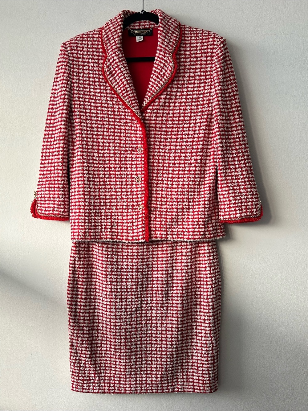 Vintage St. John Couture Tweed Skirt Suit Red  White gold thread